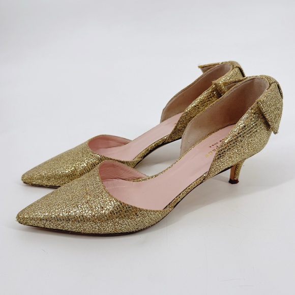 Kate Spade Gold Glitter Kitten Heels Size 8 D’Orsay Pointed Toe Bow Back Italy - Picture 4 of 12